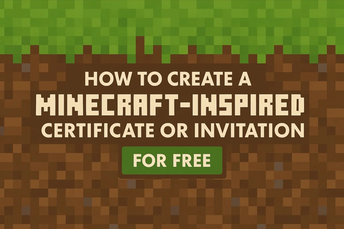 Promotional graphic with pixelated Minecraft-style design showing the headline 'How to Create a Minecraft-Inspired Certificate or Invitation for Free' on a green blocky background, promoting FreeDocumentMaker.com’s free and easy-to-use tools